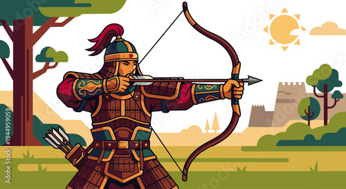 Chinese Archer Warrior

Flat vector illustration of an ancient Chinese warrior pulling a bow with arrow ready to shoot. Wearing traditional armor and arm guards. Minimal battlefield background. 
