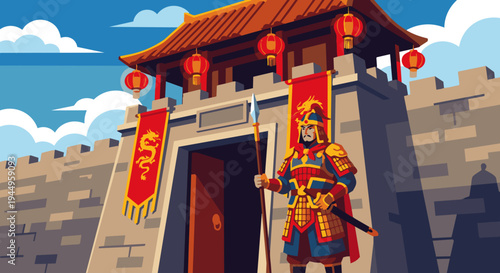 Chinese Warrior Guarding City Gate

Flat vector illustration of an ancient Chinese warrior standing guard at a large city gate of an ancient fortress. Stone walls, banners, and lanterns visible. Flat 