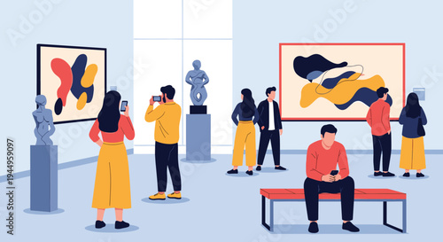 Visitors explore a modern art gallery to view abstract paintings and sculptures while using their smartphones to take photos of the exhibits.