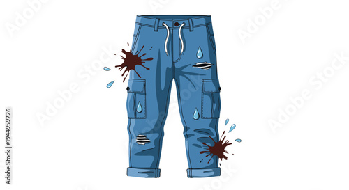 Pair of blue cargo pants featuring elastic waist and drawstrings shows visible dark mud splatters and water drops on the denim fabric.