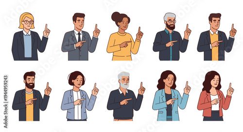 Diverse group of professional business people in formal attire look up and point their fingers toward the sky to show growth and success.