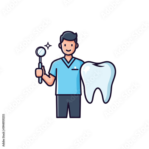 Dentist holding mirror next to large tooth illustration