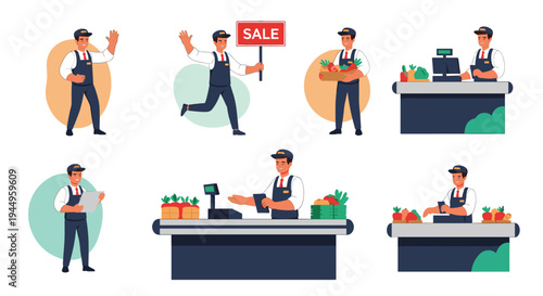 Male grocery store cashier performs various tasks such as scanning items, handling produce, and assisting customers at the checkout counter.