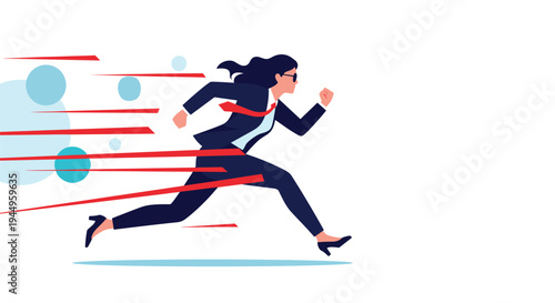 Determined businesswoman in a dark suit and sunglasses runs at high speed with motion lines signifying her fast pace and professional drive.