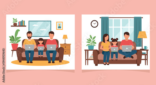Two scenes show families sitting comfortably on their living room sofas while using laptops and tablets for work and digital entertainment.