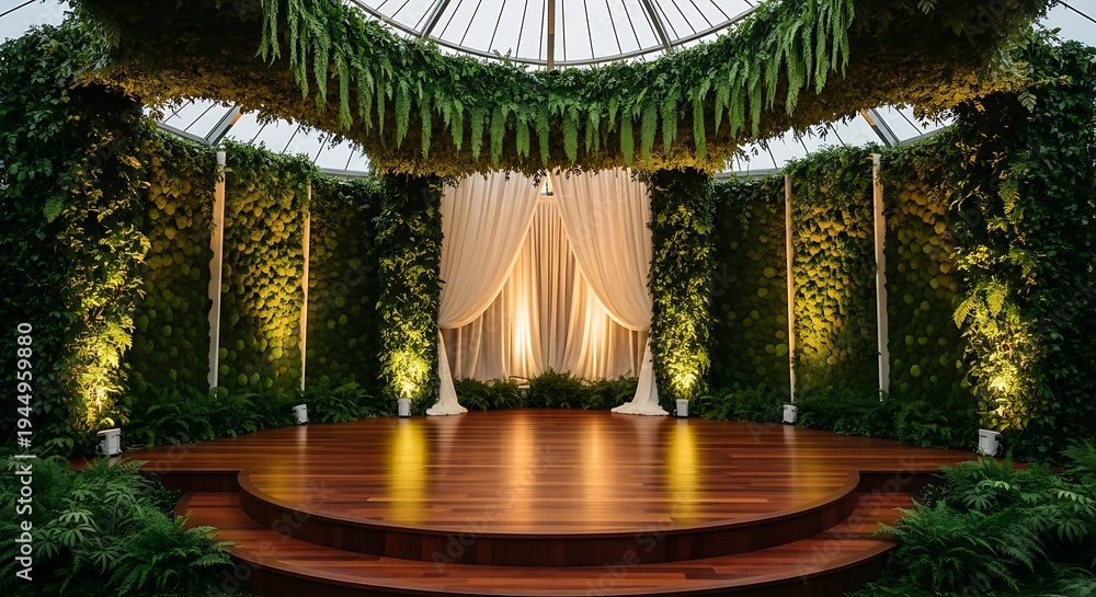 Obraz premium Luxurious Indoor Botanical Wedding Ceremony Altar with Lush Greenery and Soft Lighting