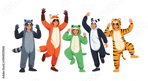 Group of five happy people wear comfortable animal onesies representing a raccoon, fox, frog, panda, and tiger while posing playfully.
