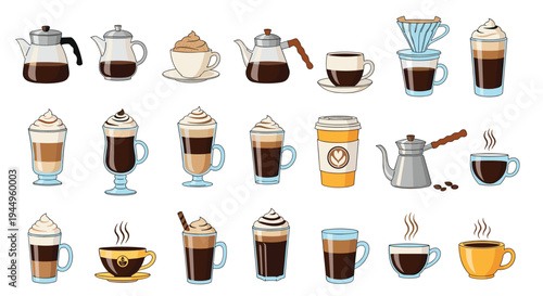 Extensive set of various coffee drinks and brewing equipment includes lattes, espresso, moka pots, and to-go cups on a white background.