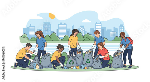 Diverse group of volunteers works together to pick up litter and clean a park near a modern city skyline to protect the local environment.