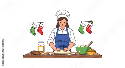 Professional female chef in a white hat and blue apron kneads dough on a wooden counter decorated with Christmas stockings for the holidays.
