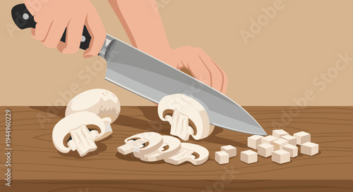Close up view of hands using a sharp steel knife to slice fresh white mushrooms into cubes and slices on a rustic wooden cutting board.