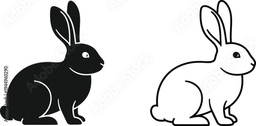 Black and white rabbits side by side simple line art Vector