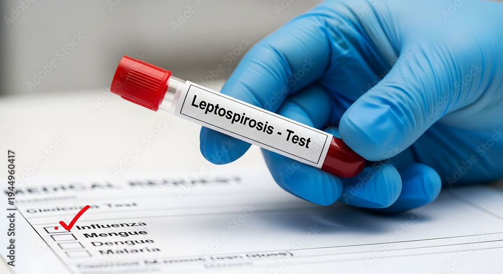 Naklejka premium Hand in blue glove holding Leptospirosis test tube over medical form blood sample