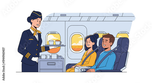 Professional flight attendant in uniform serving hot beverages to a happy young couple during a flight on an airplane.