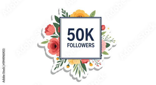 Creative social media milestone banner celebrating fifty thousand followers with beautiful floral decorations and elegant typography.