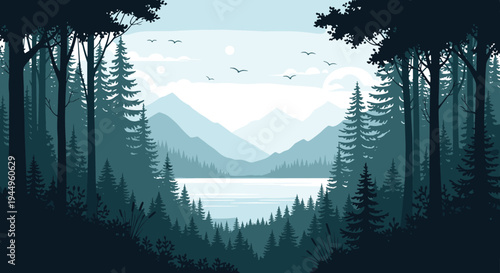 Serene landscape illustration featuring a calm lake surrounded by dense pine forests and distant mountain ranges.