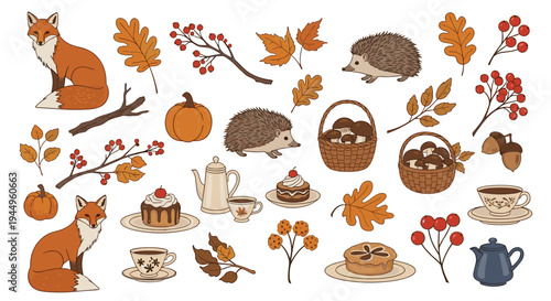 Comprehensive autumn collection featuring foxes, hedgehogs, mushrooms, pumpkins, tea, and warm pastries among fall leaves.