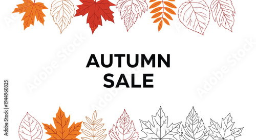 Seasonal autumn sale banner decorated with a variety of colorful and outlined fall leaves on a white background.