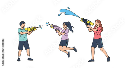 Happy group of teenagers having fun while playing with colorful water guns and splashing each other in a bright outdoor setting.