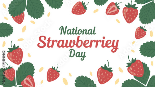 National strawberry day celebration with ripe strawberries and leaves on white background