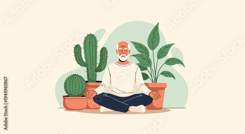 Peaceful senior man with a white beard practicing meditation in a lotus pose surrounded by various cacti and house plants.