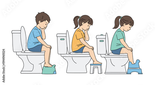 Helpful illustration showing three young children learning to use the toilet with the assistance of colorful step stools.