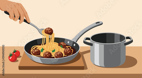 Delicious spaghetti with meatballs being served from a frying pan on a kitchen counter next to a large cooking pot.