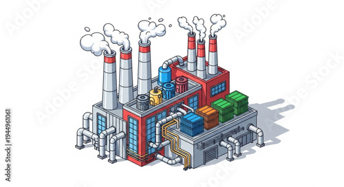 Isometric factory with smoking chimneys and pipes illustration.