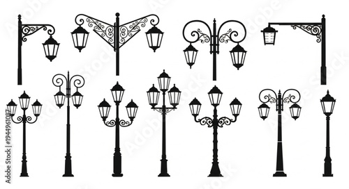 Collection of vintage street lamp silhouettes on white background.