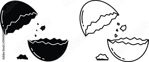 Broken eggshell shattered egg black and white illustration Vector