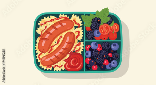 Colorful lunch box filled with bowtie pasta, grilled sausages, ketchup, fresh blueberries, blackberries, and juicy cherry tomatoes.
