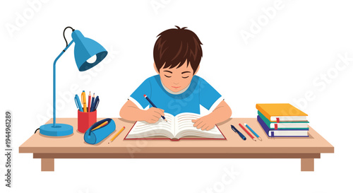Young boy sitting at his study desk and diligently writing in an open notebook surrounded by books, pens, and a blue desk lamp.