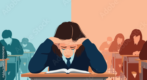 Stressed young student crying and holding her head while studying in a classroom filled with other students during an exam.