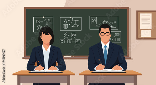 Two professional teachers or professors sitting at their desks in front of a chalkboard with complex mathematical formulas.
