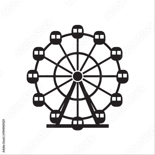 Ferris wheel icon, amusement park ride symbol, silhouette of a large rotating wheel with cabins, black and white graphic, theme park