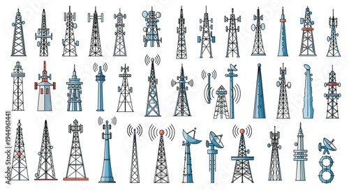 Large collection of diverse telecommunication and radio towers with various antennas and satellite dishes on a white background.