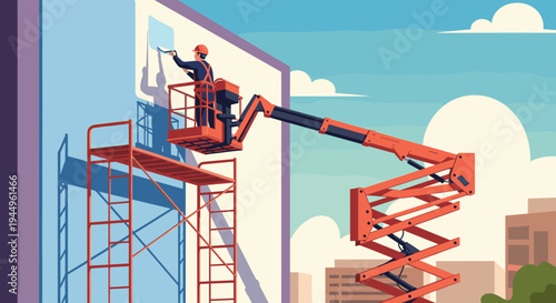 Construction workers using a cherry picker lift and scaffolding to paint or repair the exterior wall of a tall building.
