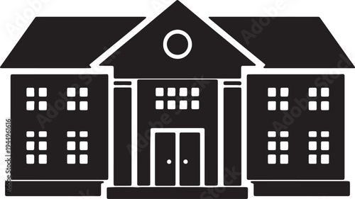 School building icon with and entrance, educational institution symbol, simple black silhouette for learning and academia, high school