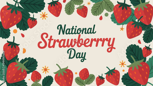National strawberry day celebration with ripe red strawberries and green leaves on beige background