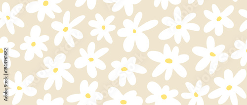 White flower seamless pattern on beige background. Cute hand drawn floral repeated wallpaper. Romantic blossom motif for textile print, fabric swatch, dress ornament, wrapping paper. Vector 