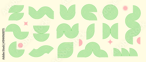 Green boho line element collection. Bohemian decorative wave and curve form set for badge, logo, card, poster, banner. Mid century geometric pink decor and zigzag objects. Vector wavy arc shapes
