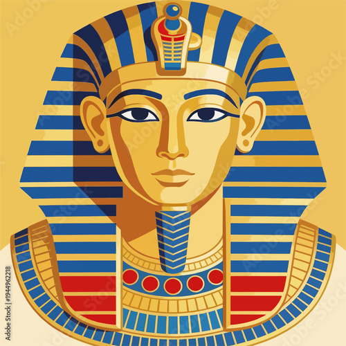 Golden Pharaoh Portrait with Blue Striped Nemes Headdress, Tutankhamun Inspired Vector Illustration