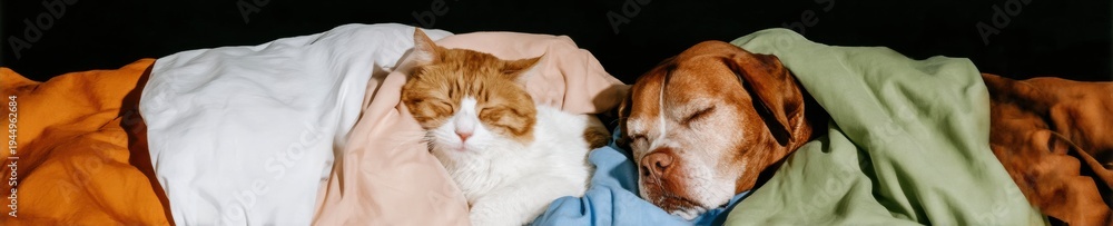 Obraz premium Cute cat and dog sleeping together under colorful blankets, peaceful kitten and puppy napping at home, cozy pet animal friendship for advertising