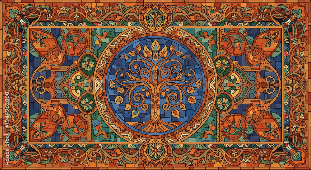 Obraz premium Vibrant Tree of Life Tapestry with Floral Patterns