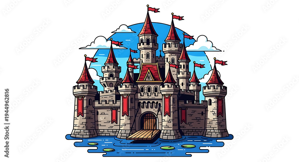 Naklejka premium Fantasy medieval castle on water with flags and bridge