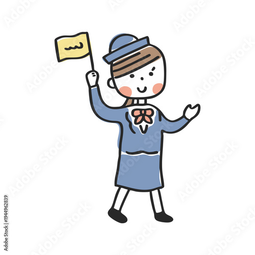 旗を持って案内するバスガイドの女性①