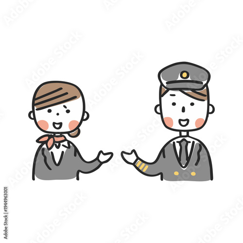 片手で案内するCAの女性とパイロットの男性