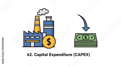 Factory building with smokestack and money exchange for capital expenditure