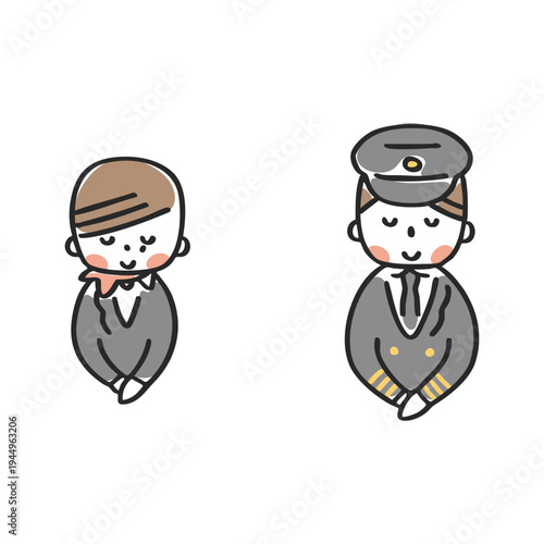 おじぎをするCAの女性とパイロットの男性