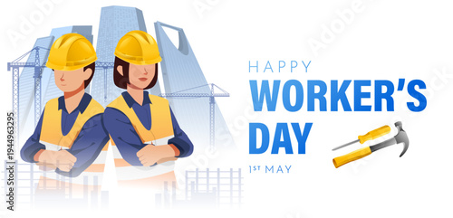 Happy Workers Day May 1 poster with construction worker team hammer tool and building background